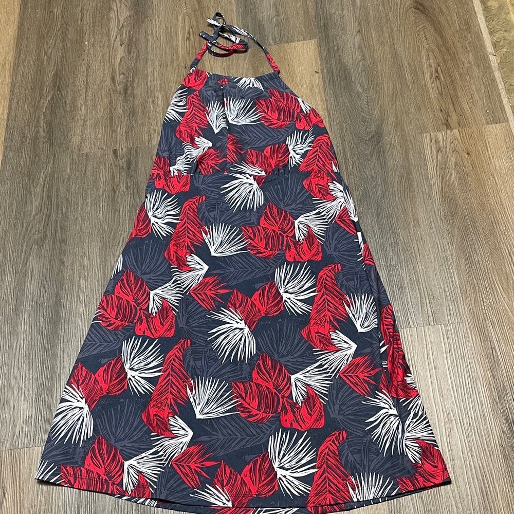 Halter Neck Tropical Print Maxi Dress - Red & White Leaf Print